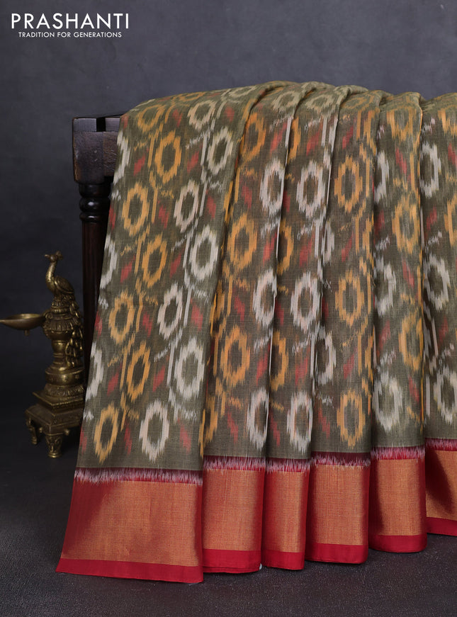Ikat silk cotton saree mehendi green and red with allover ikat weaves and zari woven border