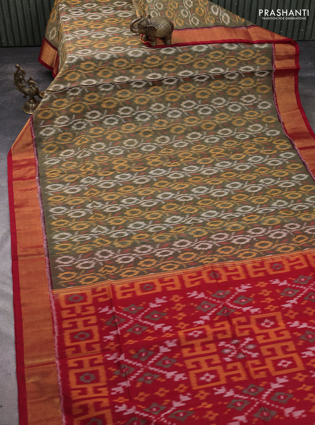 Ikat silk cotton saree mehendi green and red with allover ikat weaves and zari woven border