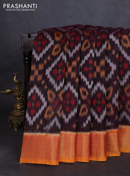 Ikat silk cotton saree deep jamun and dark mustard with allover ikat weaves and zari woven border