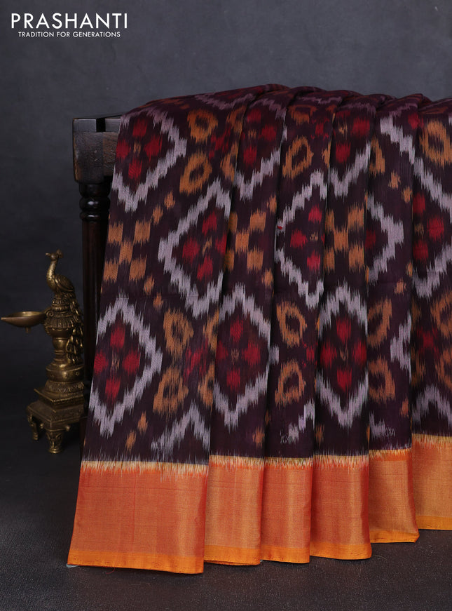 Ikat silk cotton saree deep jamun and dark mustard with allover ikat weaves and zari woven border