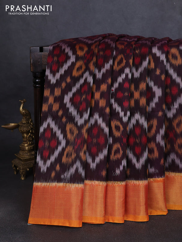 Ikat silk cotton saree deep jamun and dark mustard with allover ikat weaves and zari woven border