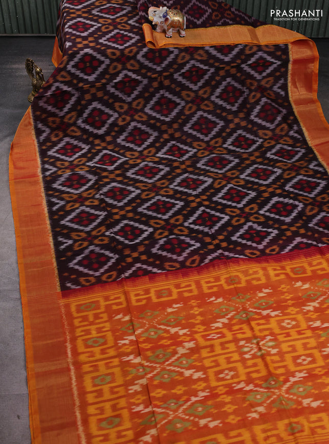 Ikat silk cotton saree deep jamun and dark mustard with allover ikat weaves and zari woven border