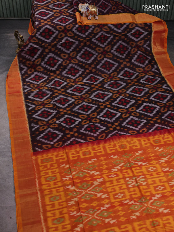Ikat silk cotton saree deep jamun and dark mustard with allover ikat weaves and zari woven border