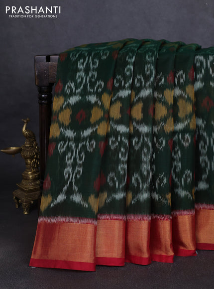 Ikat silk cotton saree bottle green and red with allover ikat weaves and zari woven border