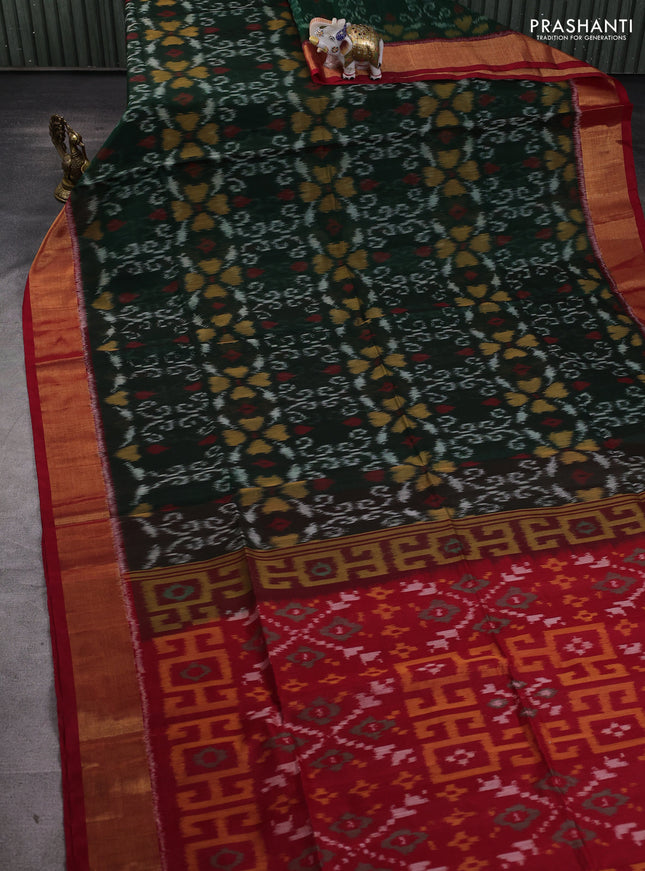 Ikat silk cotton saree bottle green and red with allover ikat weaves and zari woven border