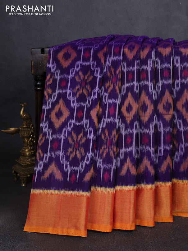 Ikat silk cotton saree violet and dark mustard with allover ikat weaves and zari woven border