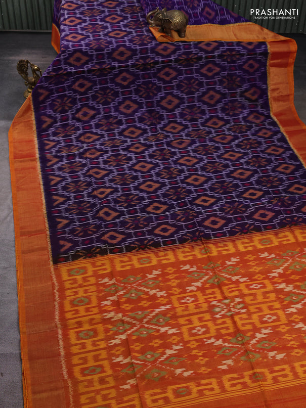Ikat silk cotton saree violet and dark mustard with allover ikat weaves and zari woven border