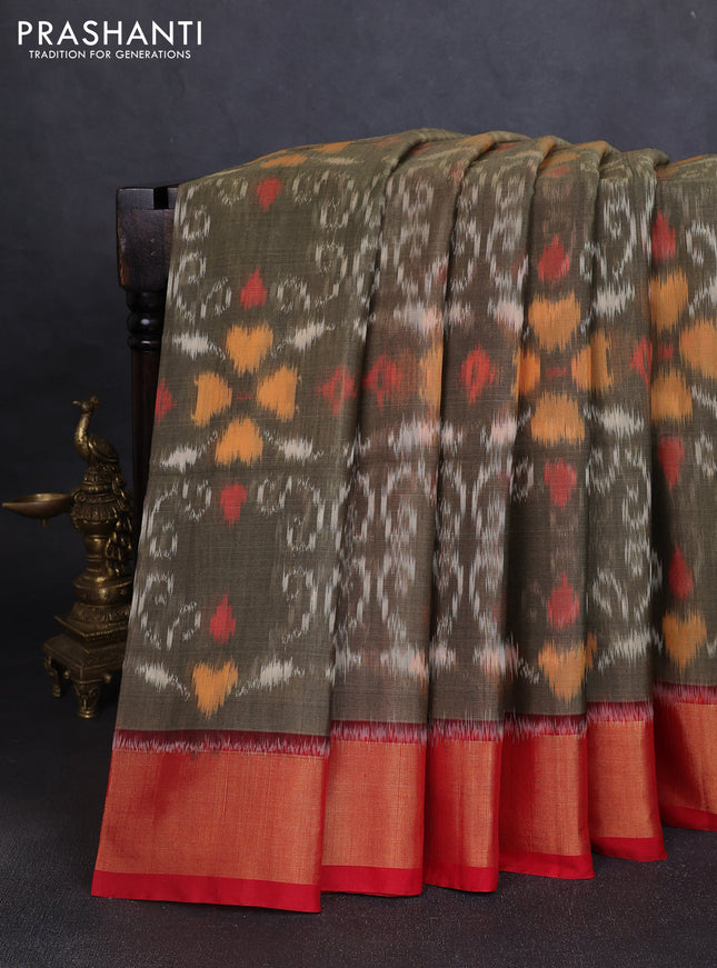Ikat silk cotton saree mehendi green and red with allover ikat weaves and zari woven border