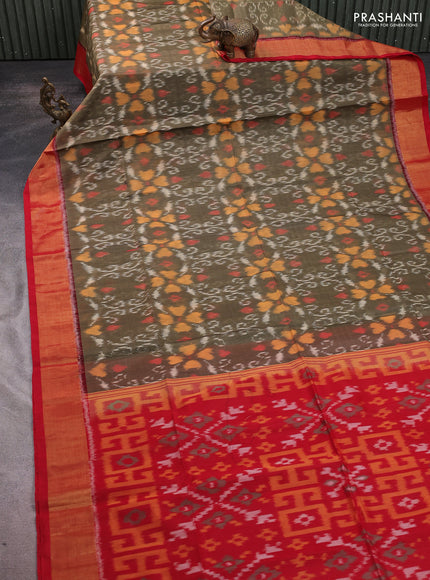 Ikat silk cotton saree mehendi green and red with allover ikat weaves and zari woven border