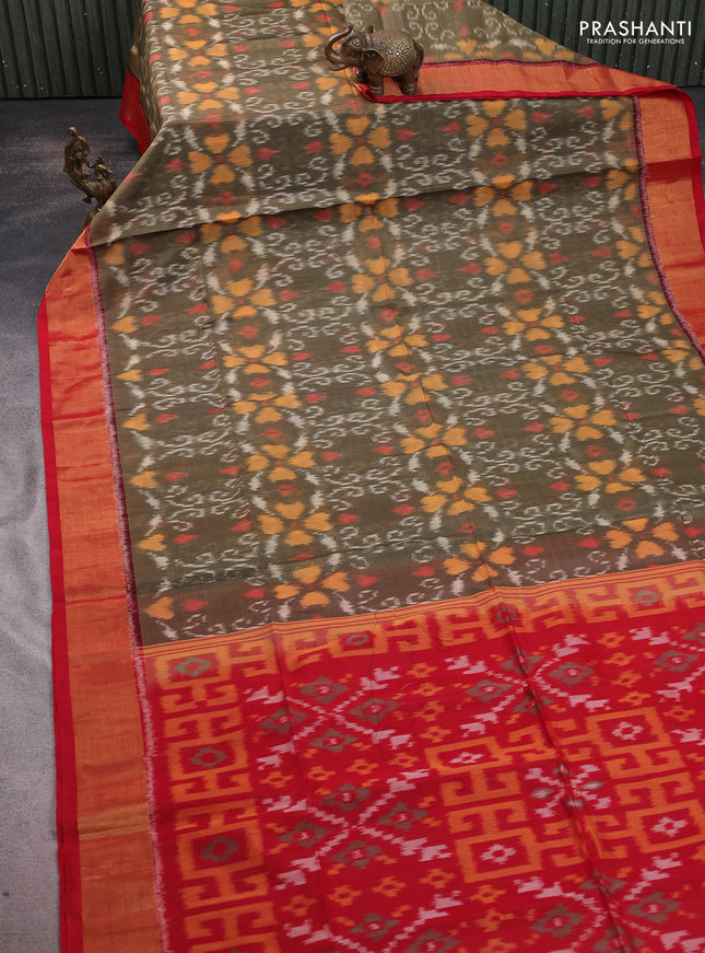 Ikat silk cotton saree mehendi green and red with allover ikat weaves and zari woven border