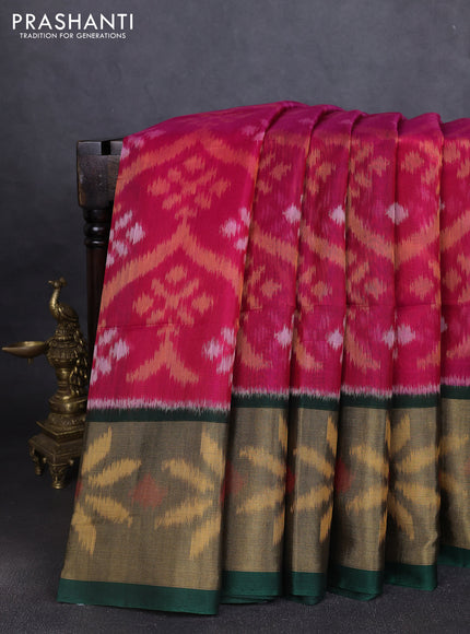 Ikat silk cotton saree pink and bottle green with allover ikat weaves and long ikat woven zari border