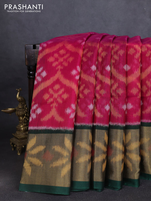 Ikat silk cotton saree pink and bottle green with allover ikat weaves and long ikat woven zari border