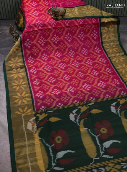 Ikat silk cotton saree pink and bottle green with allover ikat weaves and long ikat woven zari border