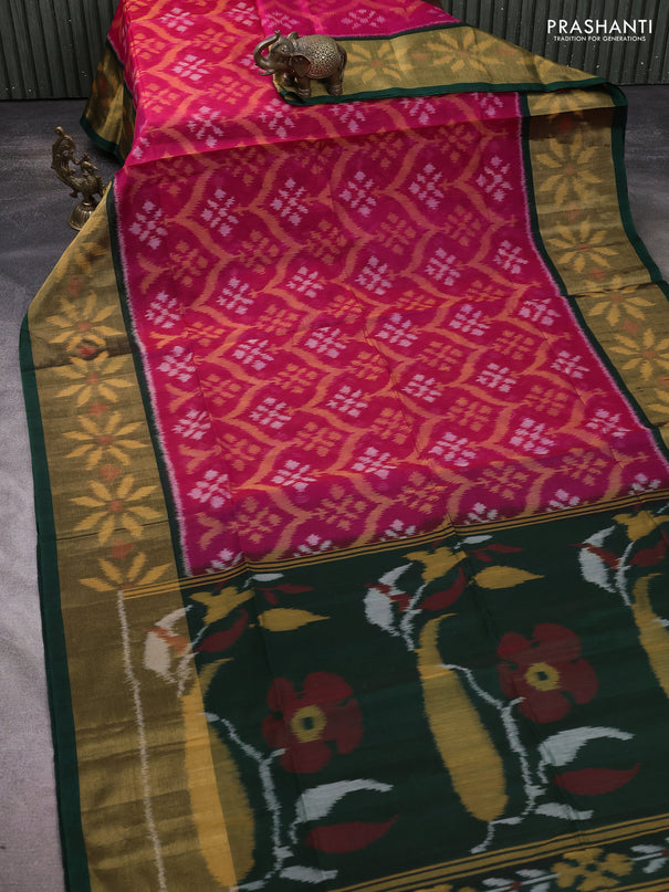 Ikat silk cotton saree pink and bottle green with allover ikat weaves and long ikat woven zari border