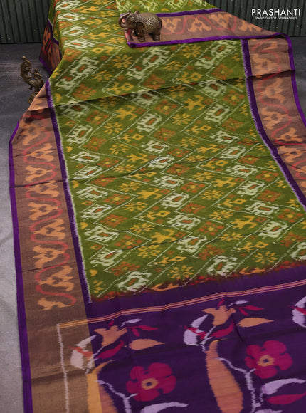 Ikat silk cotton saree mehendi green and violet with allover ikat weaves and long ikat woven zari border