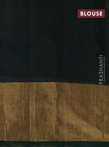 Ikat silk cotton saree peach shade and bottle green with allover ikat weaves and long ikat woven zari border