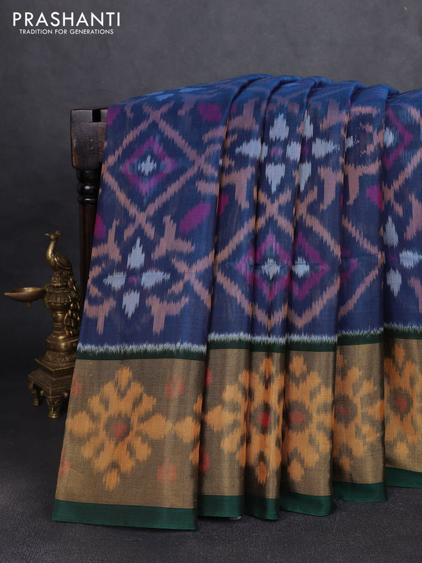 Ikat silk cotton saree blue and bottle green with allover ikat weaves and long ikat woven zari border