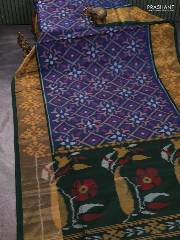 Ikat silk cotton saree blue and bottle green with allover ikat weaves and long ikat woven zari border