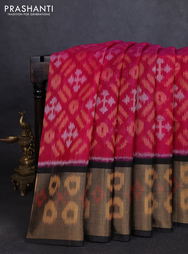 Ikat silk cotton saree dark pink and black with allover ikat weaves and long ikat woven zari border