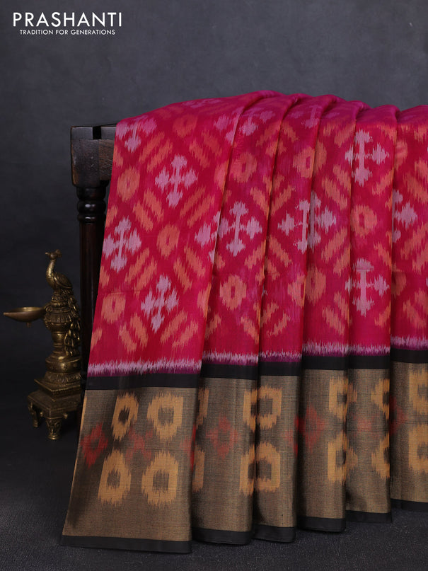 Ikat silk cotton saree dark pink and black with allover ikat weaves and long ikat woven zari border
