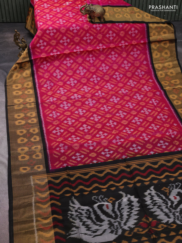 Ikat silk cotton saree dark pink and black with allover ikat weaves and long ikat woven zari border