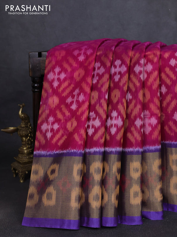 Ikat silk cotton saree pink and royal blue with allover ikat weaves and long ikat woven zari border
