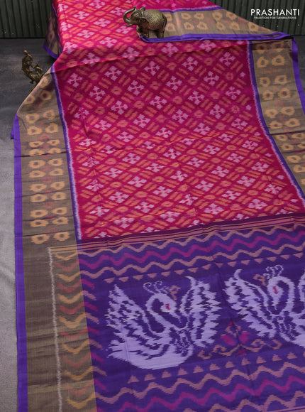 Ikat silk cotton saree pink and royal blue with allover ikat weaves and long ikat woven zari border