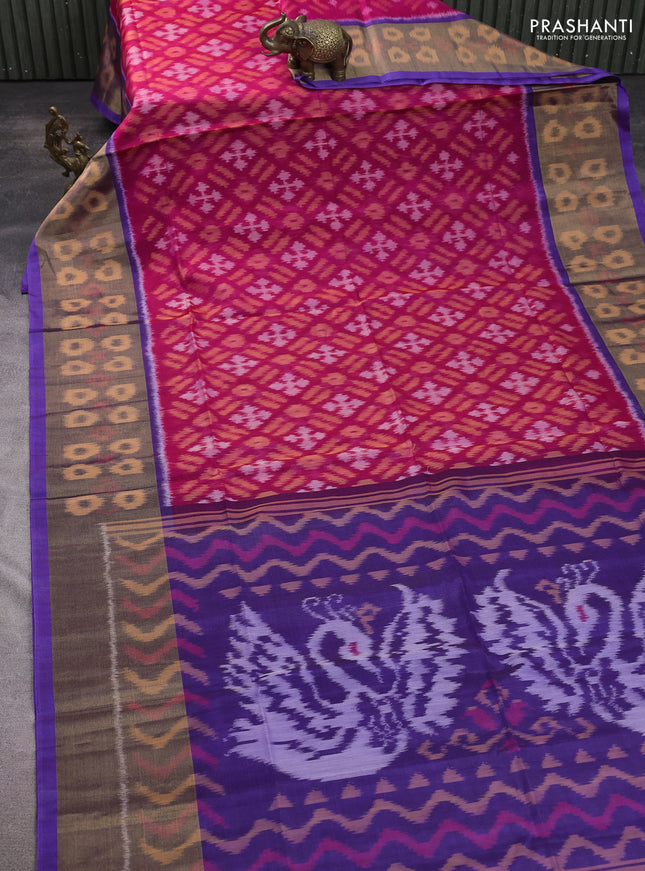 Ikat silk cotton saree pink and royal blue with allover ikat weaves and long ikat woven zari border