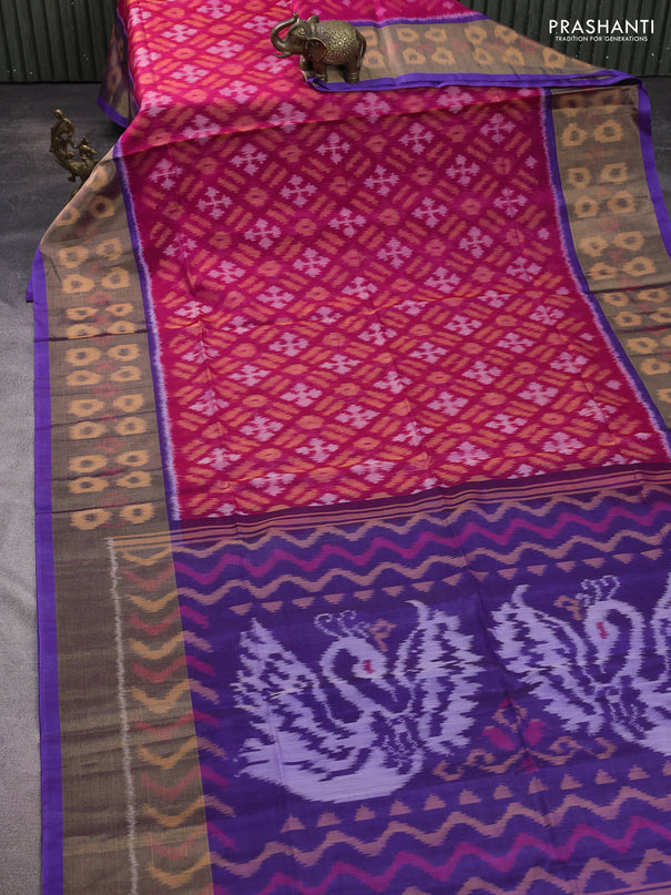 Ikat silk cotton saree pink and royal blue with allover ikat weaves and long ikat woven zari border
