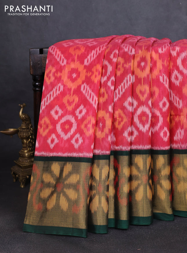 Ikat silk cotton saree red shade and bottle green with allover ikat weaves and long ikat woven zari border
