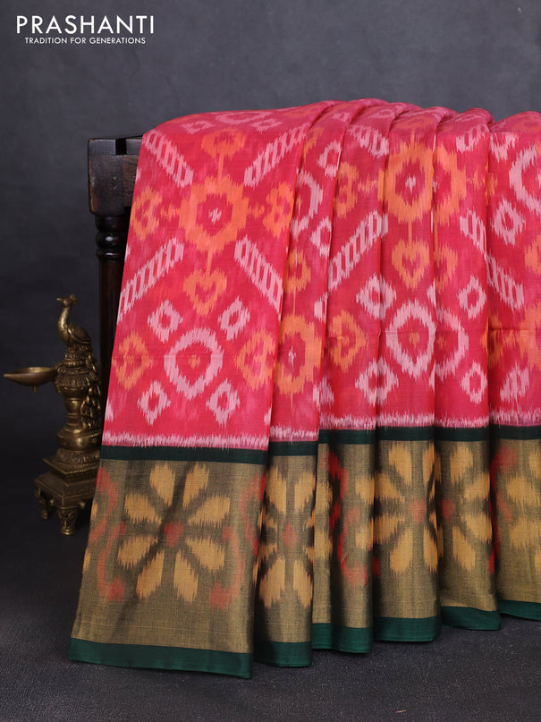 Ikat silk cotton saree red shade and bottle green with allover ikat weaves and long ikat woven zari border