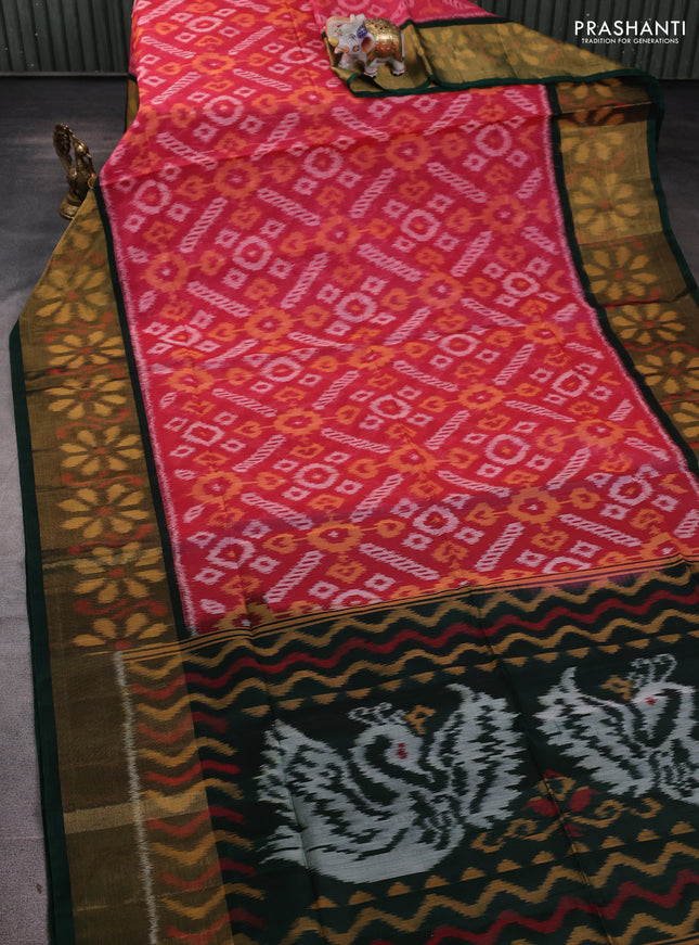 Ikat silk cotton saree red shade and bottle green with allover ikat weaves and long ikat woven zari border
