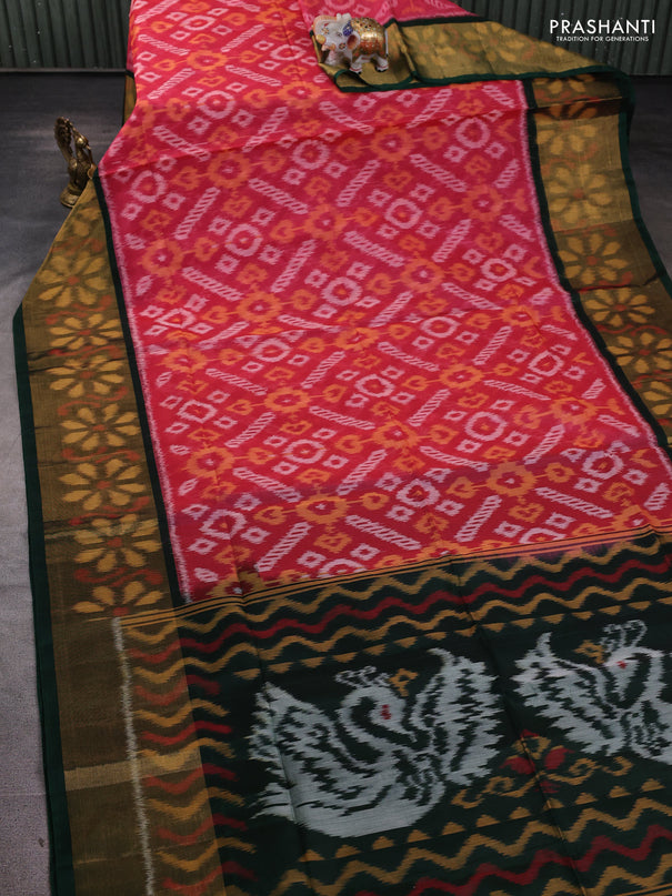 Ikat silk cotton saree red shade and bottle green with allover ikat weaves and long ikat woven zari border