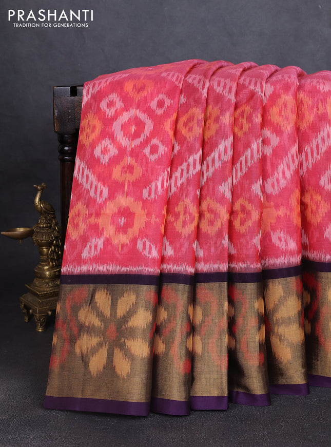 Ikat silk cotton saree peach pink and deep violet with allover ikat weaves and long ikat woven zari border