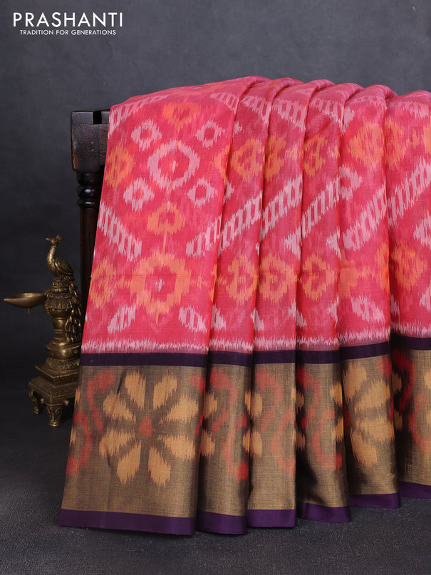 Ikat silk cotton saree peach pink and deep violet with allover ikat weaves and long ikat woven zari border
