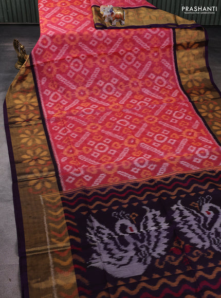 Ikat silk cotton saree peach pink and deep violet with allover ikat weaves and long ikat woven zari border