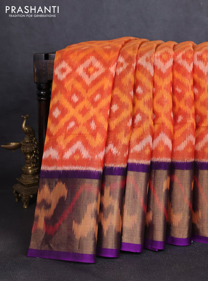 Ikat silk cotton saree orange and purple with allover ikat weaves and long ikat woven zari border