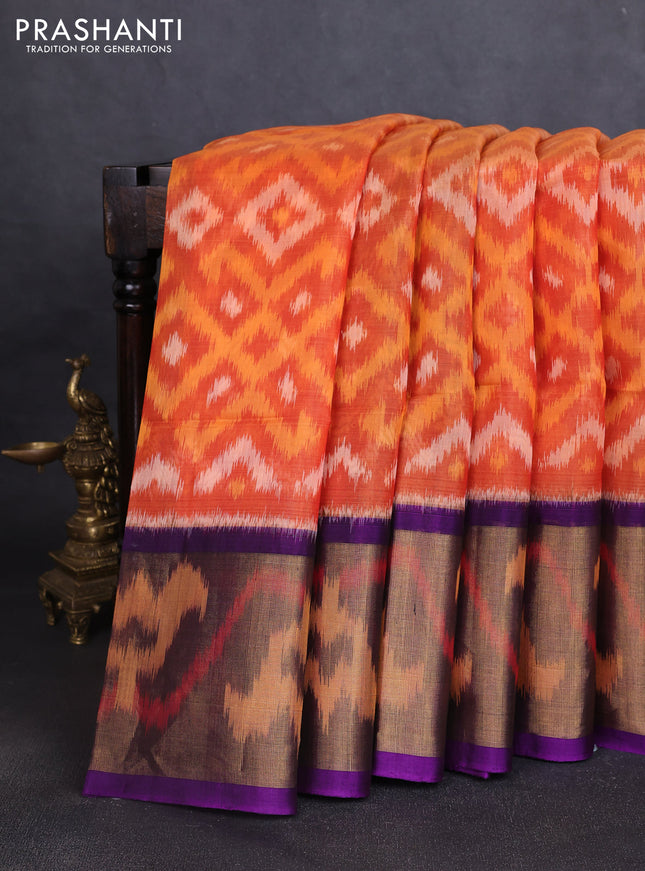 Ikat silk cotton saree orange and purple with allover ikat weaves and long ikat woven zari border