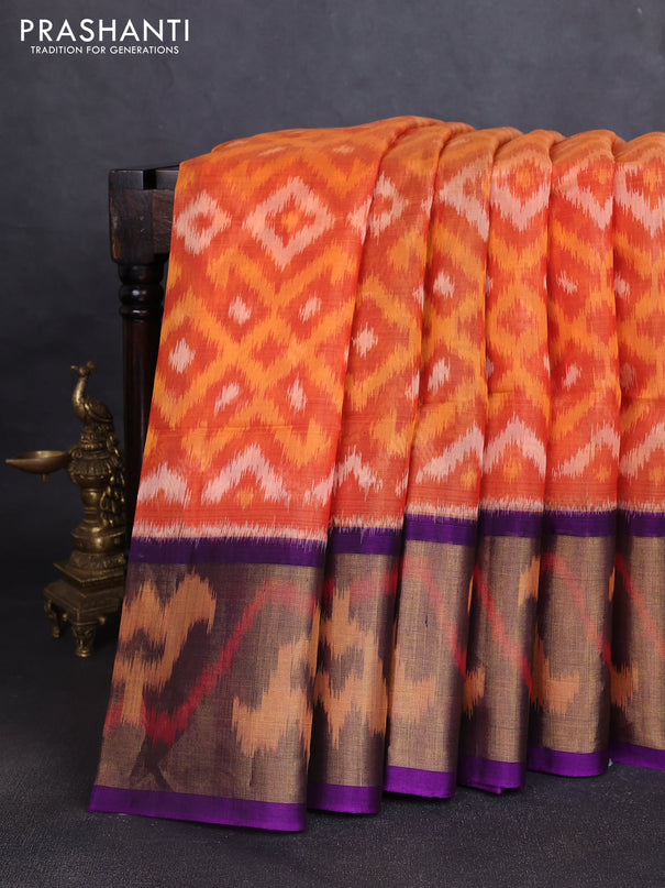 Ikat silk cotton saree orange and purple with allover ikat weaves and long ikat woven zari border