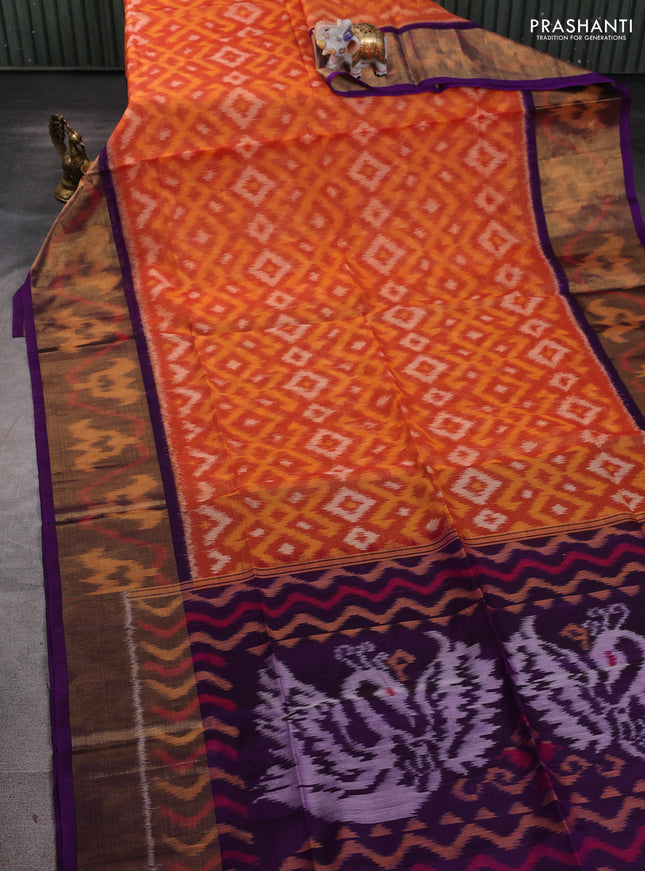 Ikat silk cotton saree orange and purple with allover ikat weaves and long ikat woven zari border