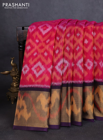 Ikat silk cotton saree dark pink and violet with allover ikat weaves and long ikat woven zari border