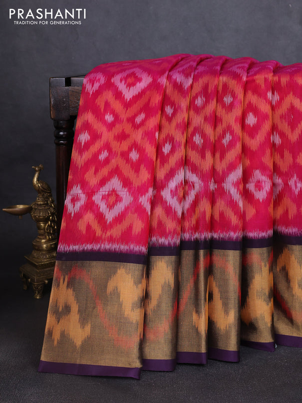 Ikat silk cotton saree dark pink and violet with allover ikat weaves and long ikat woven zari border