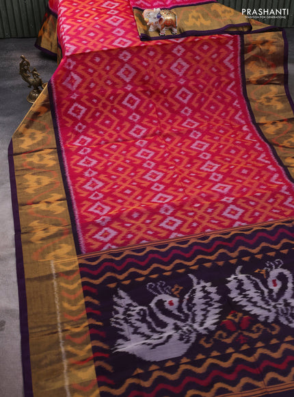 Ikat silk cotton saree dark pink and violet with allover ikat weaves and long ikat woven zari border