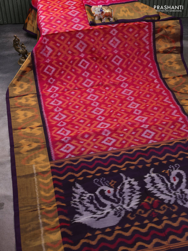 Ikat silk cotton saree dark pink and violet with allover ikat weaves and long ikat woven zari border