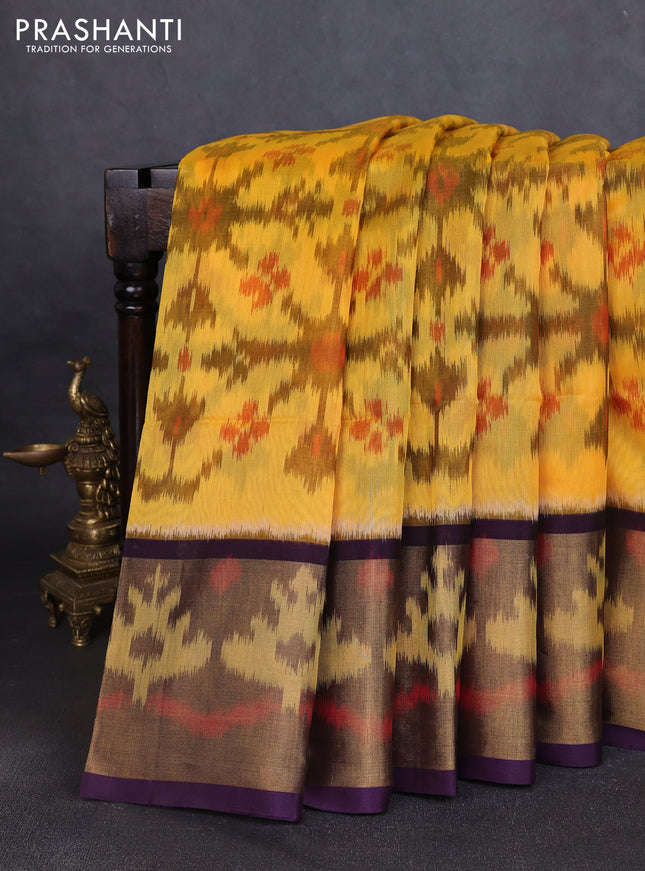Ikat silk cotton saree yellow and deep violet with allover ikat weaves and long ikat woven zari border