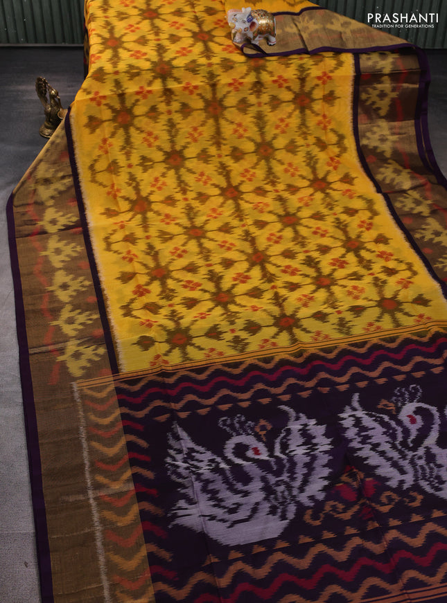 Ikat silk cotton saree yellow and deep violet with allover ikat weaves and long ikat woven zari border