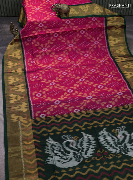 Ikat silk cotton saree dark pink and bottle green with allover ikat weaves and long ikat woven zari border