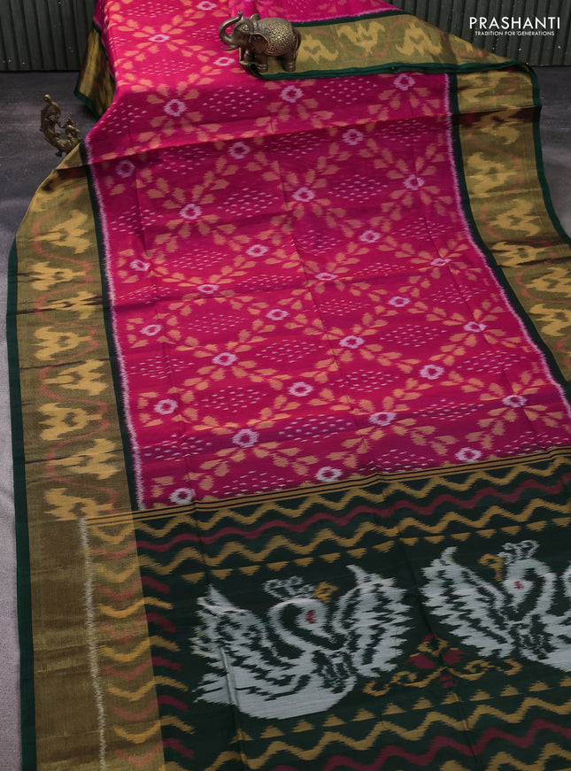 Ikat silk cotton saree dark pink and bottle green with allover ikat weaves and long ikat woven zari border