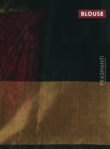 Ikat silk cotton saree dark pink and bottle green with allover ikat weaves and long ikat woven zari border