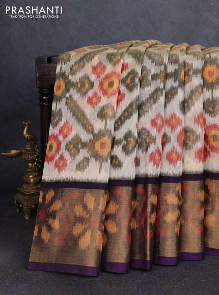 Ikat silk cotton saree peach shade and deep violet with allover ikat weaves and long ikat woven zari border